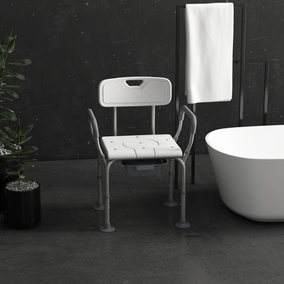HOMCOM Height Adjustable Shower Stool with Arms and Back, Non-Slip Bedside Commode with Detachable Bucket for Elderly, White 