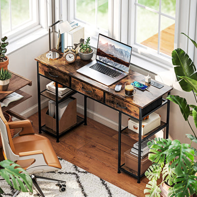 HOMCOM 120cm Computer Desk with Power Outlets, Office Desk Study Table with Fabric Drawers and Storage Shelves, Rustic Brown 