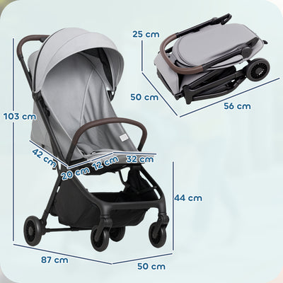 AIYAPLAY Foldable Baby Stroller with Adjustable Seat, 5-Point Harness, Canopy, Basket, 6.3kg Lightweight & Compact, Light Grey 