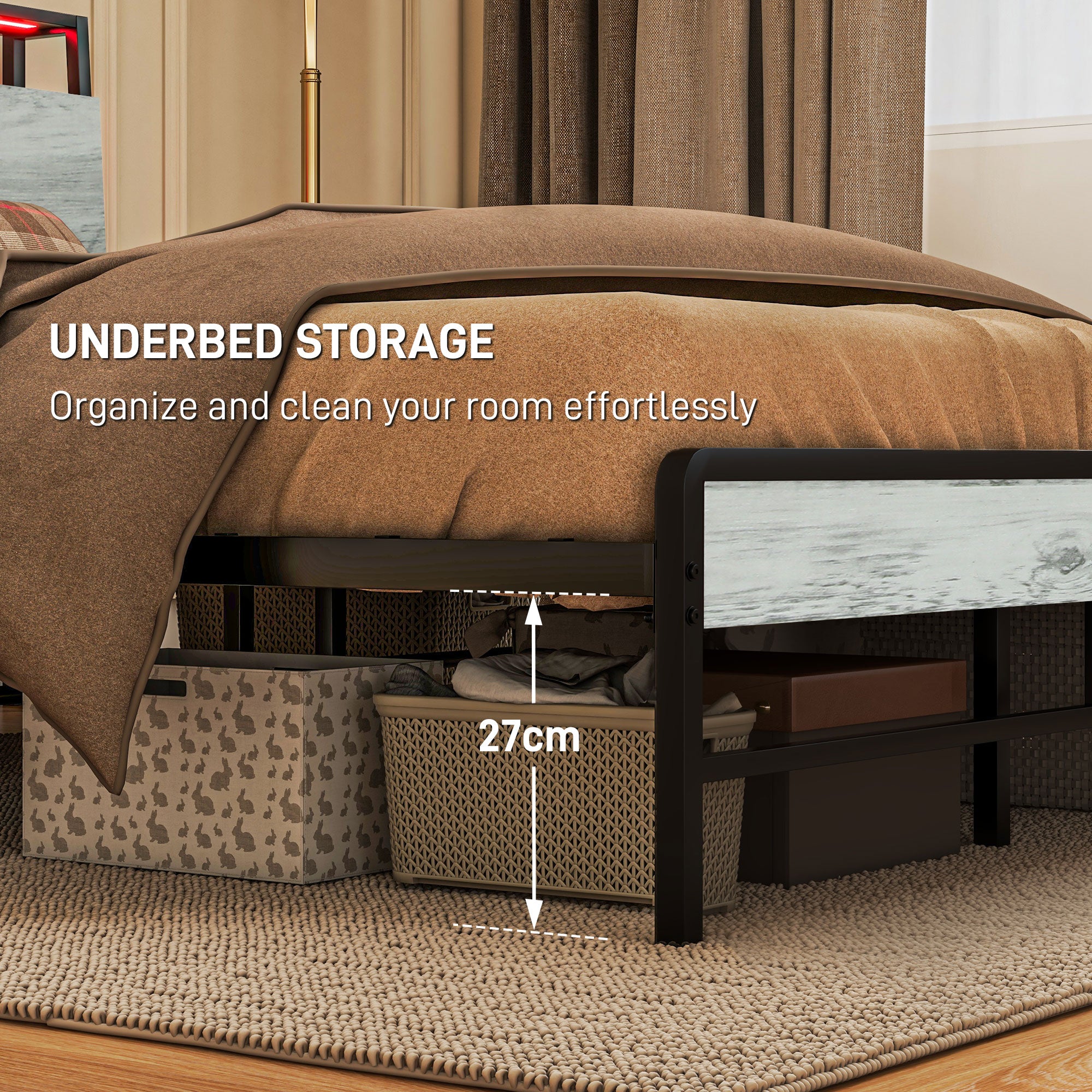 HOMCOM Single Steel Bed Frame, with LED Lights and Headboard Shelf - Grey 