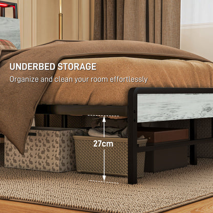 HOMCOM Single Steel Bed Frame, with LED Lights and Headboard Shelf - Grey 