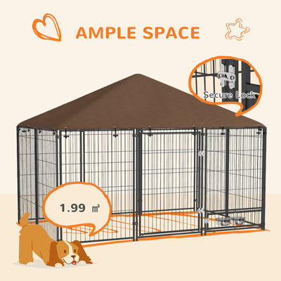 PawHut Outdoor Dog Kennel Puppy Play Pen with Canopy Garden Playpen Fence Crate Enclosure Cage Rotating Bowl 211 x 141 x 151 cm 