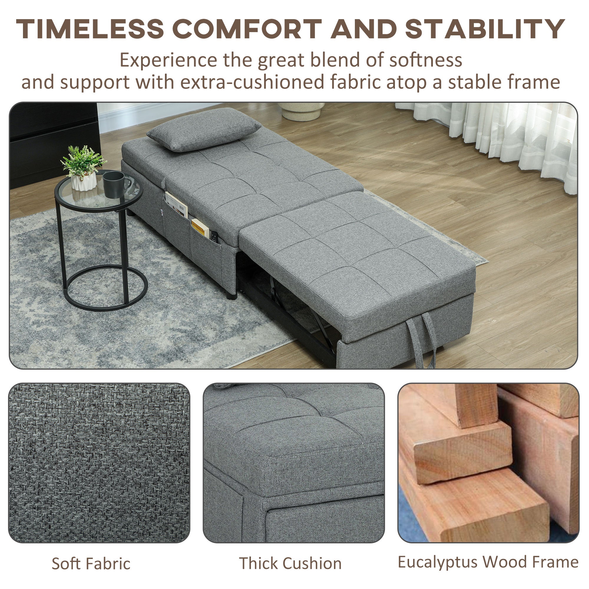 HOMCOM Four-In-One Single Sleeper Chair - Dark Grey