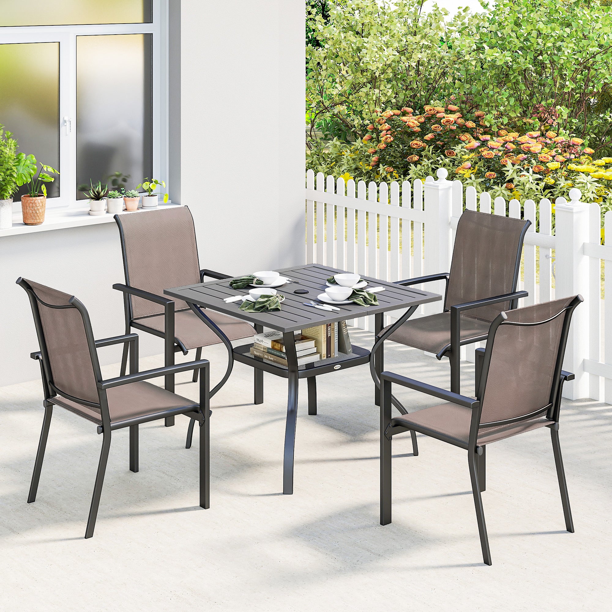 Outsunny 5 Pieces Outdoor Dining Set for 4, Garden Table and Stackable Chairs with Breathable Mesh Seat, Grey and Khaki 