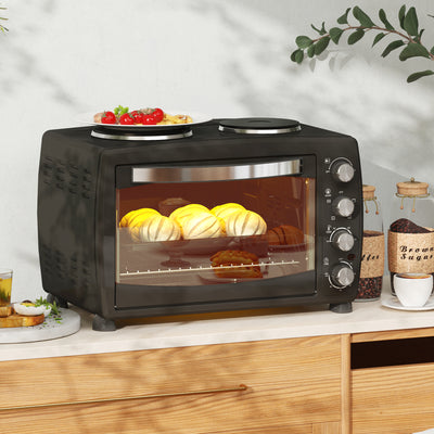 HOMCOM 36L Small Oven with 2 Hot Plates, Countertop Toaster Oven, Grill, Roast, Bake, Boil, with Timer, Adjustable Temperature, Electric Oven with Baking Tray, Grill Rack, Crumb Tray, 2600W, Black 