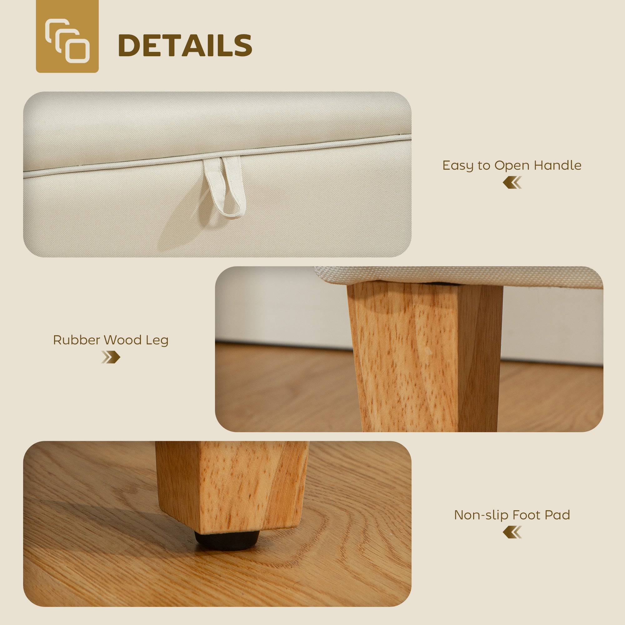 HOMCOM 30L Linen Storage Ottoman Padded Footstool with Rubberwood Legs for Storage Box, Bed End, Shoe Bench, Seating, Beige