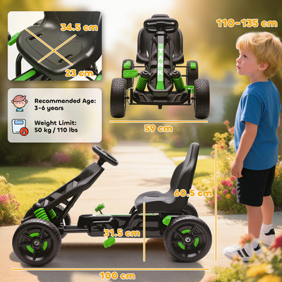 AIYAPLAY Pedal Go Kart for Kids Aged 3-6 Years, with Freewheel System, Brake, EVA Anti-Slip Wheels, Green 