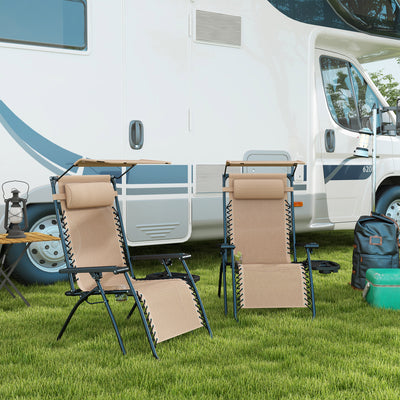 Outsunny 2 Piece Foldable Reclining Garden Chair with Headrest, Zero Gravity Deck Sun Lounger Seat Chair with Footrest, Armrest, Cup Holder & Canopy Shade, Beige 
