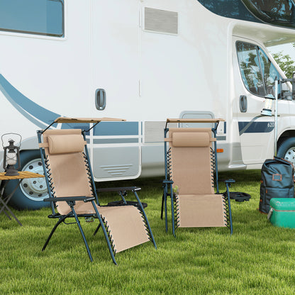Outsunny 2 Piece Foldable Reclining Garden Chair with Headrest, Zero Gravity Deck Sun Lounger Seat Chair with Footrest, Armrest, Cup Holder & Canopy Shade, Beige