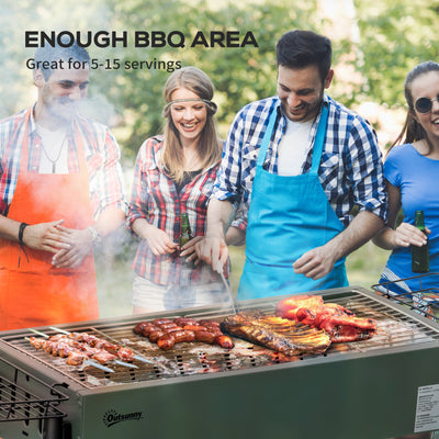 Outsunny Portable Charcoal Barbecue BBQ Grill with Seasoning Baskets and Hooks, Compact Stainless Steel Cooker for Camping Picnic Hiking Garden Party Festival 