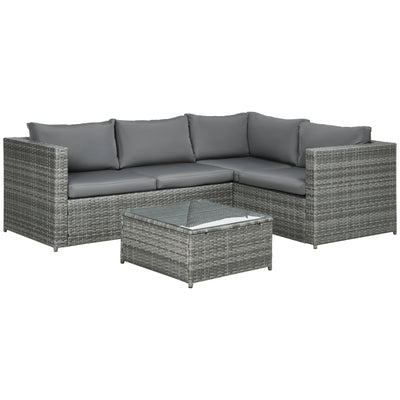 Outsunny 3 Pieces PE Rattan Garden Furniture Set with 10 cm Thick Cushions, 4 Seater Garden Corner Sofa Set with Glass Top Coffee Table, Outdoor Furniture for Patio, Porch, Grey 