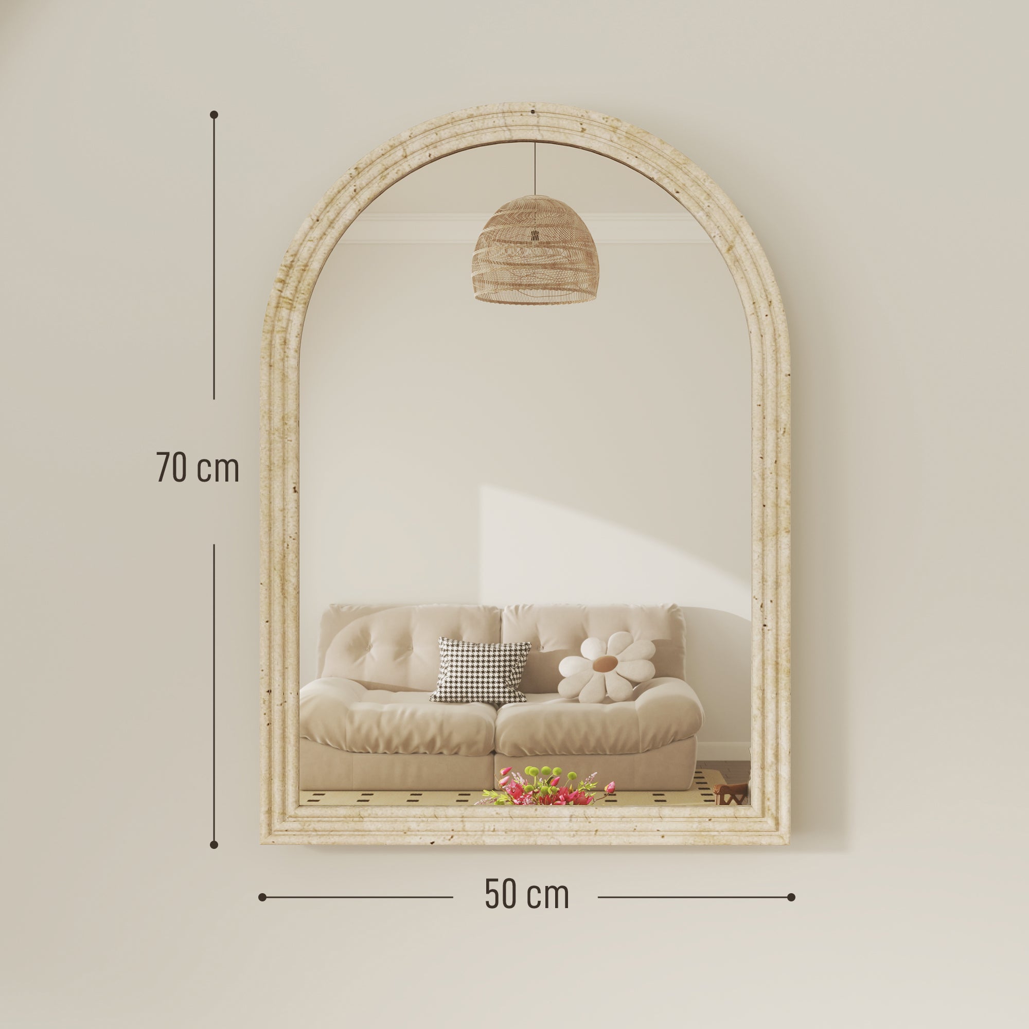 HOMCOM Arched Wall Mirror with Grooved Edge & Hooks, Wall-Mounted Mirror, Modern Tempered Glass & Polystyrene Beige 