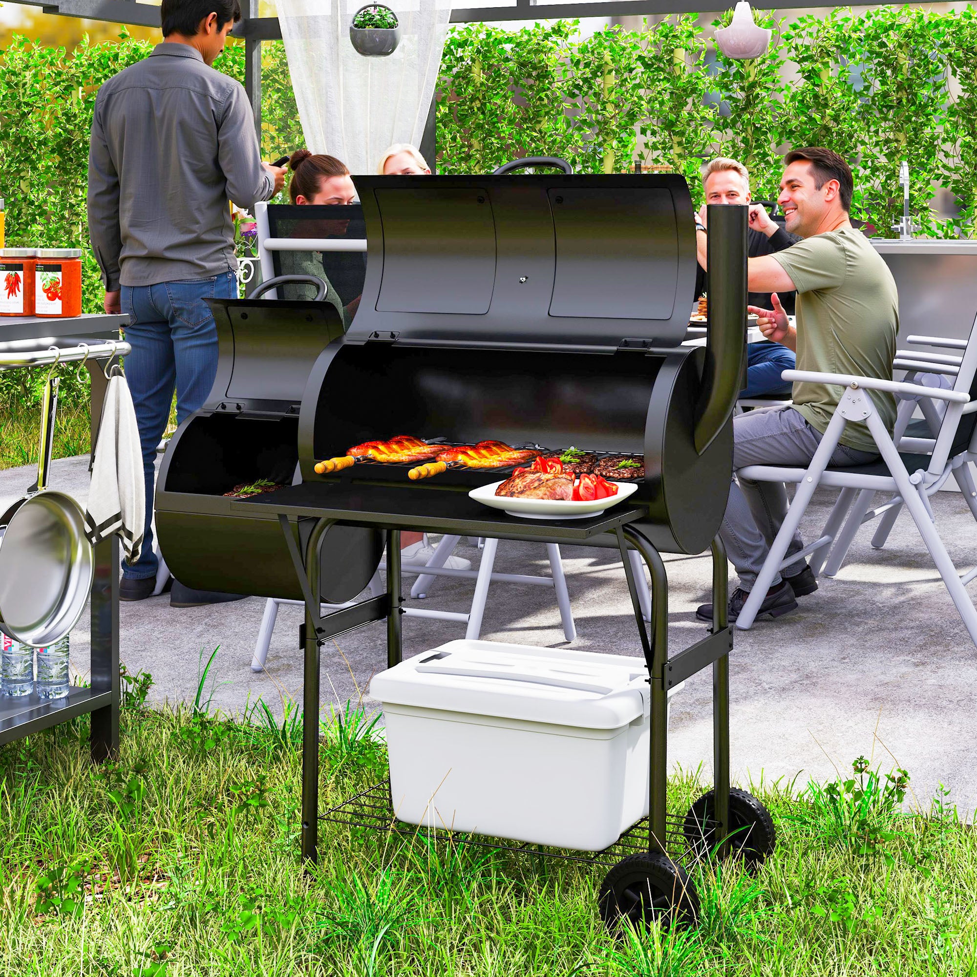 Outsunny Barbecue Grill Portable Outdoor Charcoal BBQ Grill with Offset Smoker 109 x 60 x 120 cm Black 
