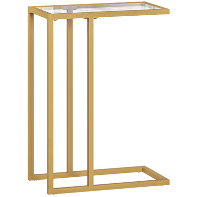 HOMCOM C-Shaped Side Table, Modern Slim End Table with Tempered Glass Tabletop, Steel Frame for Small Space, Living Room, Bedroom, Gold Tone 