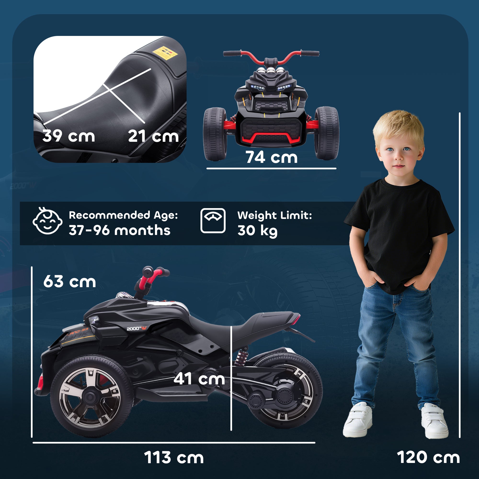 AIYAPLAY 12V Kids Electric Ride On Car with 3 Wheeler, MP3 Player, Horn, 2 Speeds, LED Lights for Boys & Girls Ages 3-8, Black 