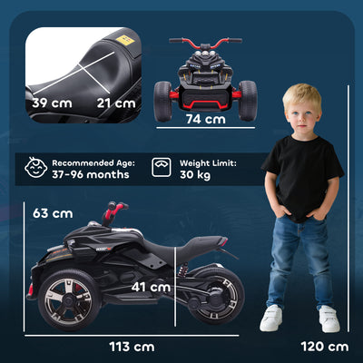 AIYAPLAY 12V Kids Electric Ride On Car with 3 Wheeler, MP3 Player, Horn, 2 Speeds, LED Lights for Boys & Girls Ages 3-8, Black 