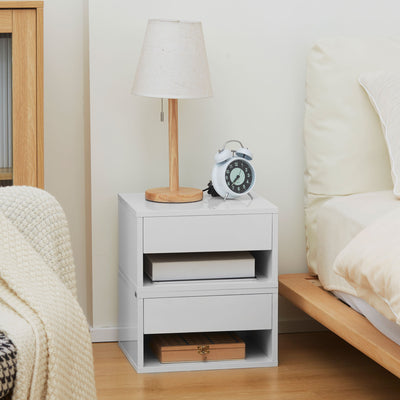 HOMCOM 2 Pieces Bedside Table Wall Mounted Nightstand with Drawer and Shelf for Bedroom, 37 x 32 x 21cm, High Gloss White 