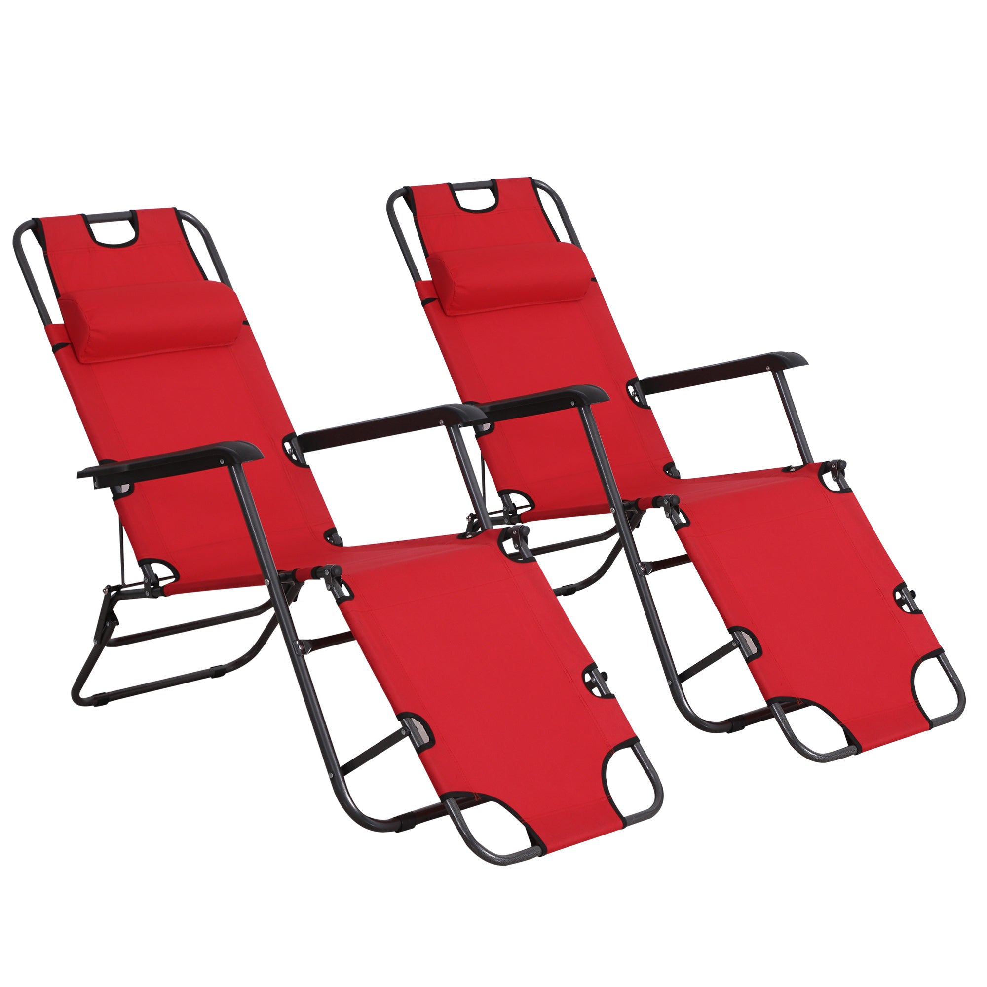 Outsunny 2 Pieces 2 in 1 Sun Lounger Folding Reclining Chair Garden Outdoor Camping Adjustable Back with Pillow, Red 