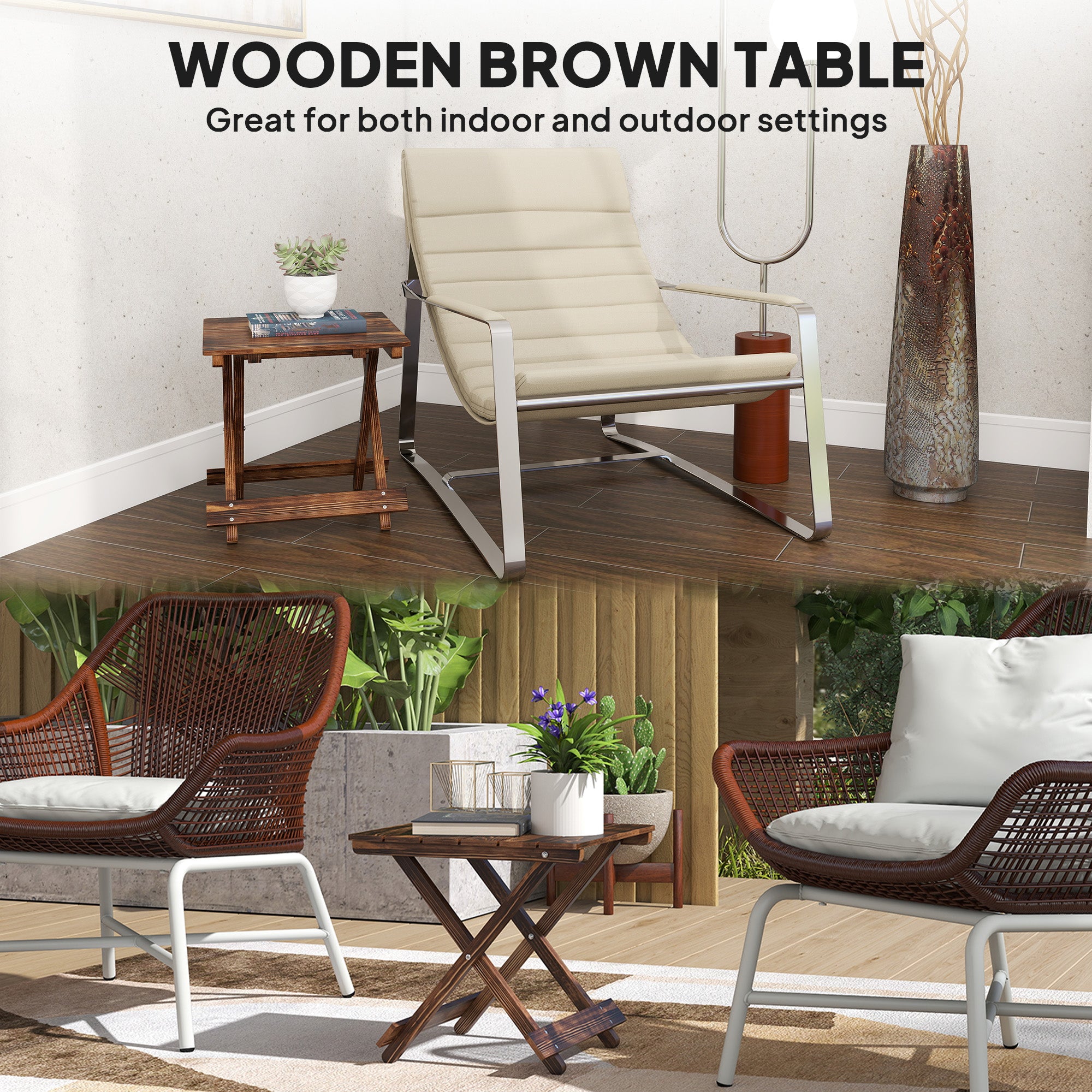 Outsunny Fir Wood Folding Coffee Table, Lightweight Small Garden Table with Slatted Top, Portable Folding Side Table for Balcony 