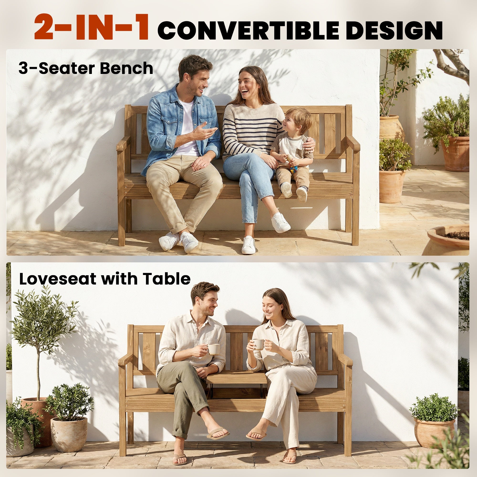 Outsunny Wooden Garden Bench with Liftable Table & Shelf, 2-3-Seater Outdoor Loveseat with Fir Wood Frame, Teak 