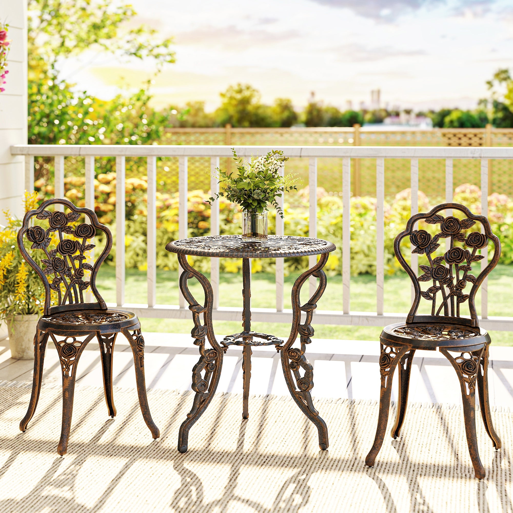 Outsunny Outdoor Bistro Set Vintage Rose Design Patio Furniture Set with Round Table and 2 Chairs Metallic Finish 