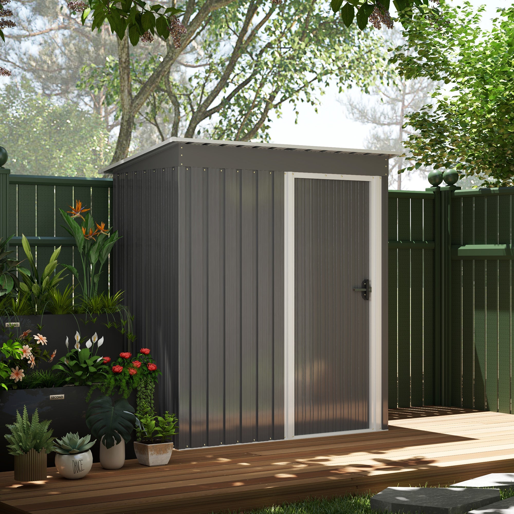 Outsunny 5 x 3ft Garden Storage Shed with Sliding Door and Sloped Roof Outdoor Equipment Tool, Light Grey 