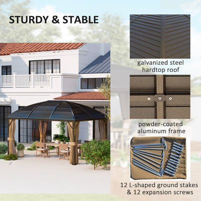 Outsunny 3 x 4m Hardtop Gazebo Canopy with Metal Roof, Aluminium Gazebo Permanent Pavilion with Netting and Curtains, Brown 