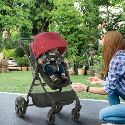 HOMCOM Foldable Baby Stoller, with Reclining Backrest, Adjustable Canopy, for Ages 0-36 Months - Red 