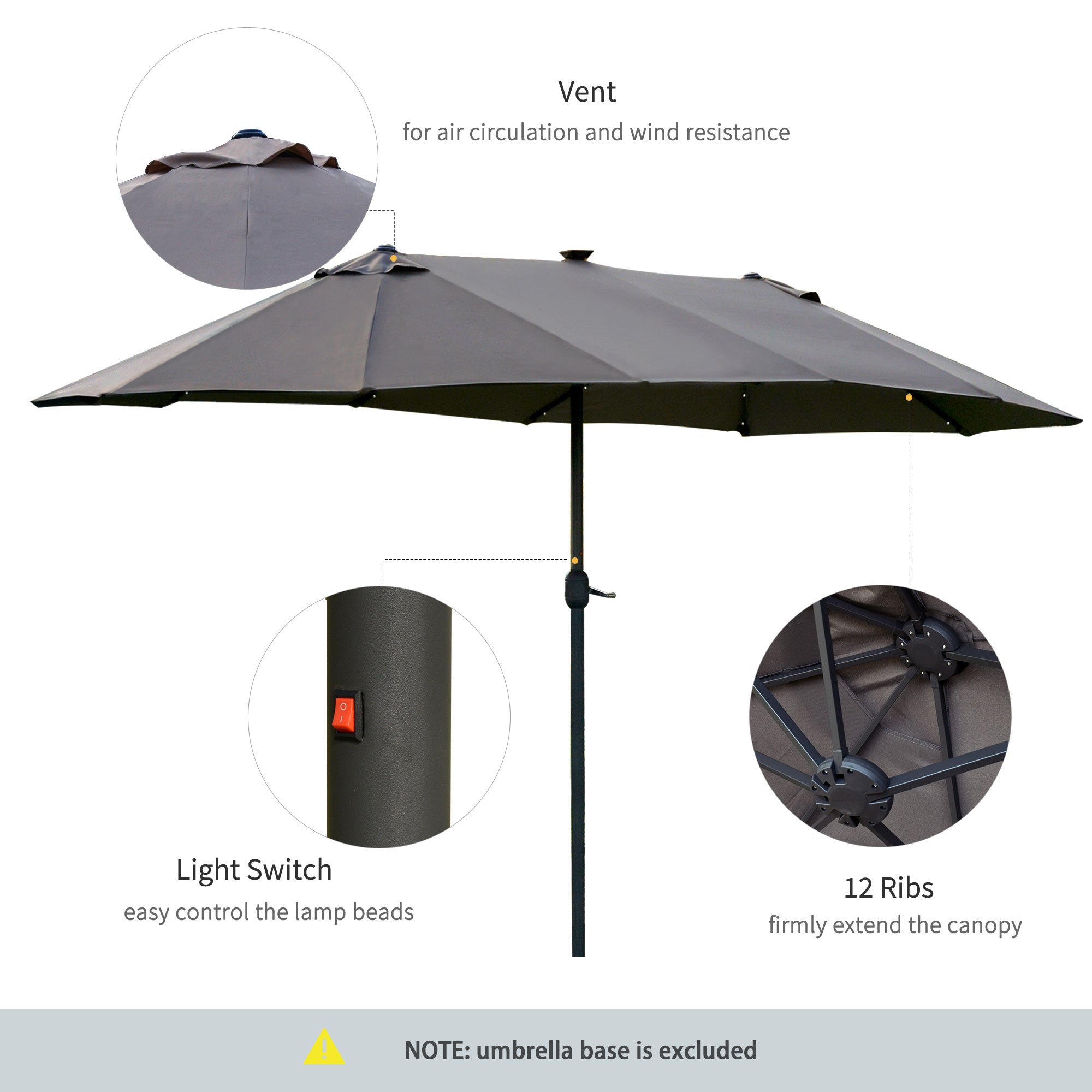 Outsunny 4.4m Double-Sided Sun Umbrella Patio Parasol LED Solar Lights Dark Grey 
