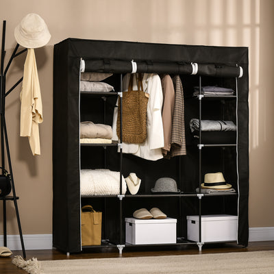 HOMCOM Portable Wardrobe, Foldable Fabric Wardrobe, 150 x 43 x 162.5cm, Clothes Storage Organiser with Hanging Rail, Shelves, Fabric Cover for Bedroom, Black 