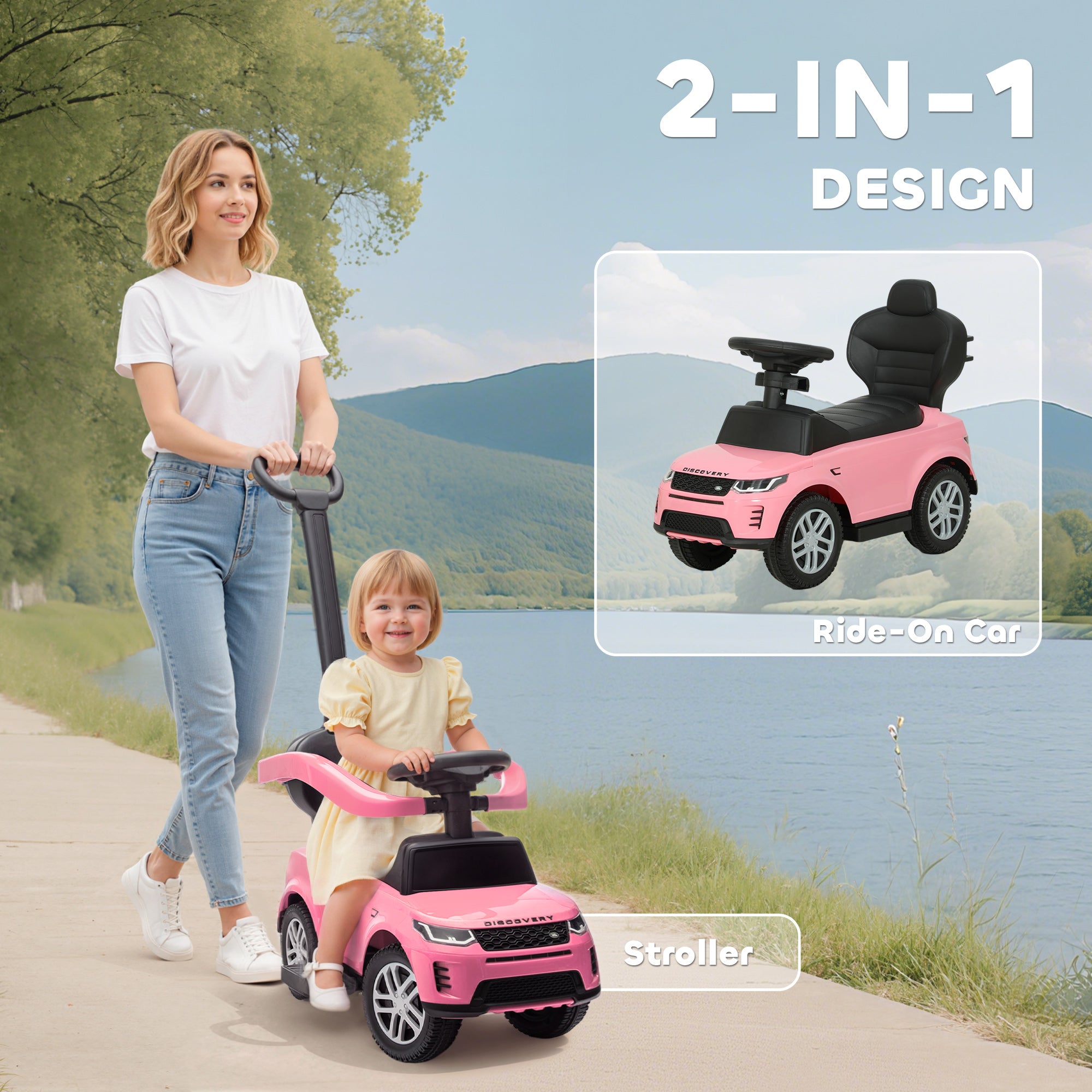 AIYAPLAY Land Rover Discovery Licensed Baby Push Car, 2-in-1 Ride on Car with Push Handle and Safety Guardrail, Pink 