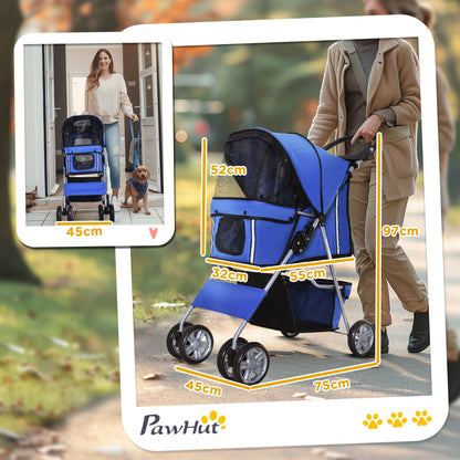 PawHut Pet Stroller for Small Miniature Dogs Cats Foldable Travel Carriage with Wheels Zipper Entry Cup Holder Storage Basket Blue 