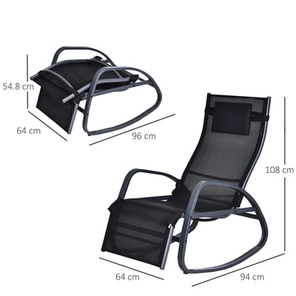 Outsunny Garden Rocking Chair with 5-Level Adjustable Backrest, Rocking Sun Lounger with Removeable Headrest Pillow, Footrest, Armrest and Safety Stopper, Black 