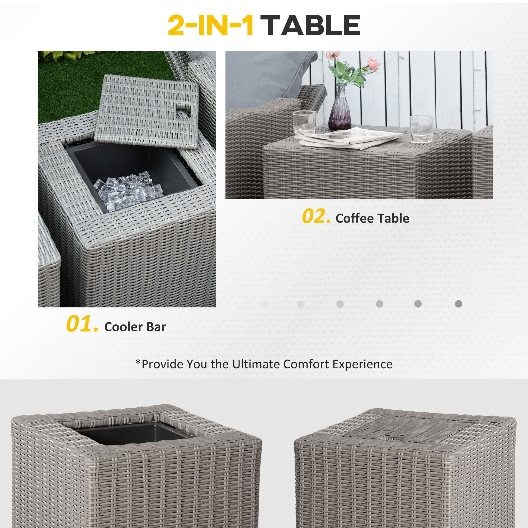 Outsunny 5 Pieces Outdoor PE Rattan Garden Furniture with Cushions, Patio Lounge Adjustable Backrest Chairs, Footstools and Cooler Bar Coffee Table & Cover, Grey 