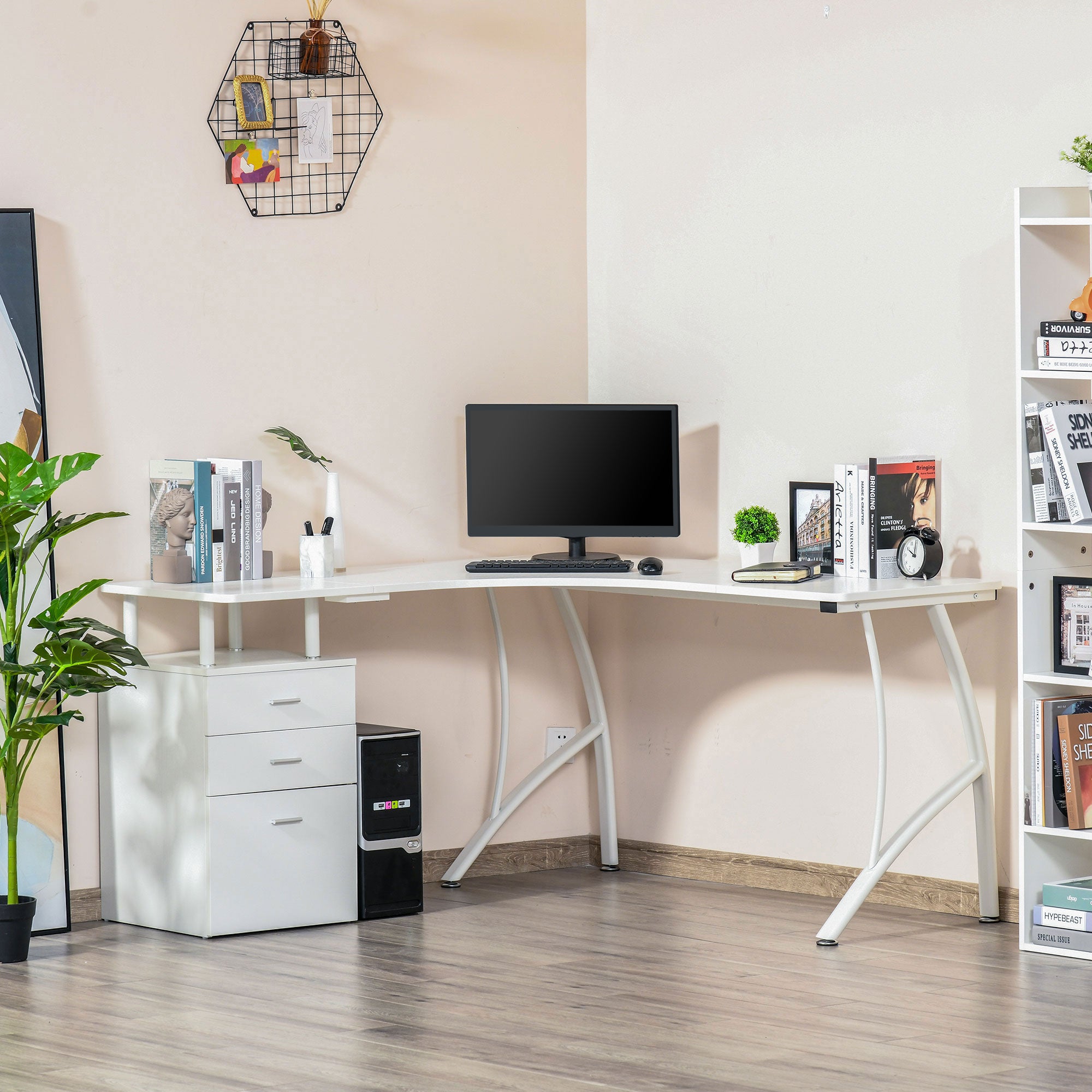 HOMCOM L-Shaped Computer Desk Table with Storage Drawer, Home Office Desk Corner Industrial Style Workstation for A4 Files 143.5 x 143.5 x 76cm, White 