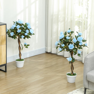 Outsunny Set of 2 Artificial Plants White Rose Floral in Pot, Fake Plants for Home Indoor Outdoor Decor, 90cm, Light Blue 