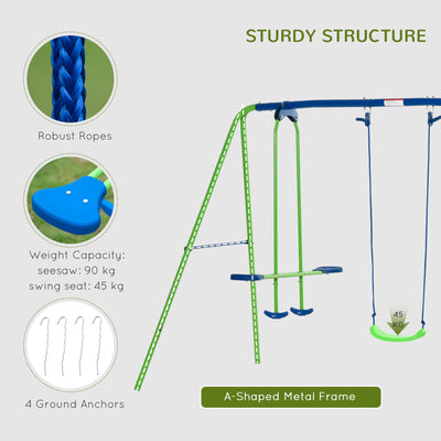 Outsunny Metal Garden Swing Set Height Adjustable Children Outdoor Backyard Play Set for Toddlers Over 3 Years Old, Green 