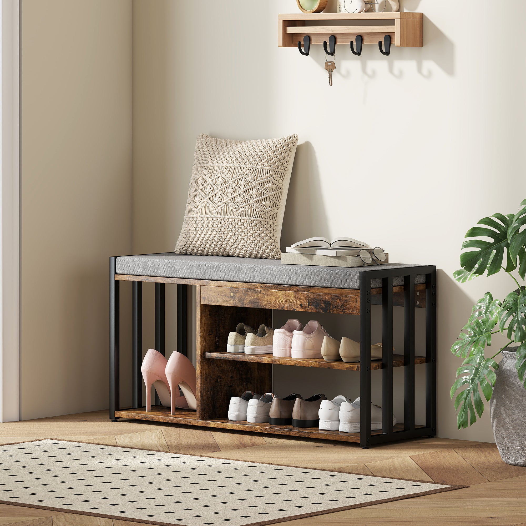 HOMCOM Shoe Storage with Seat, Upholstered Entryway Bench, Shoe Bench with 3 Open Shelves for Hallway, Rustic Brown 