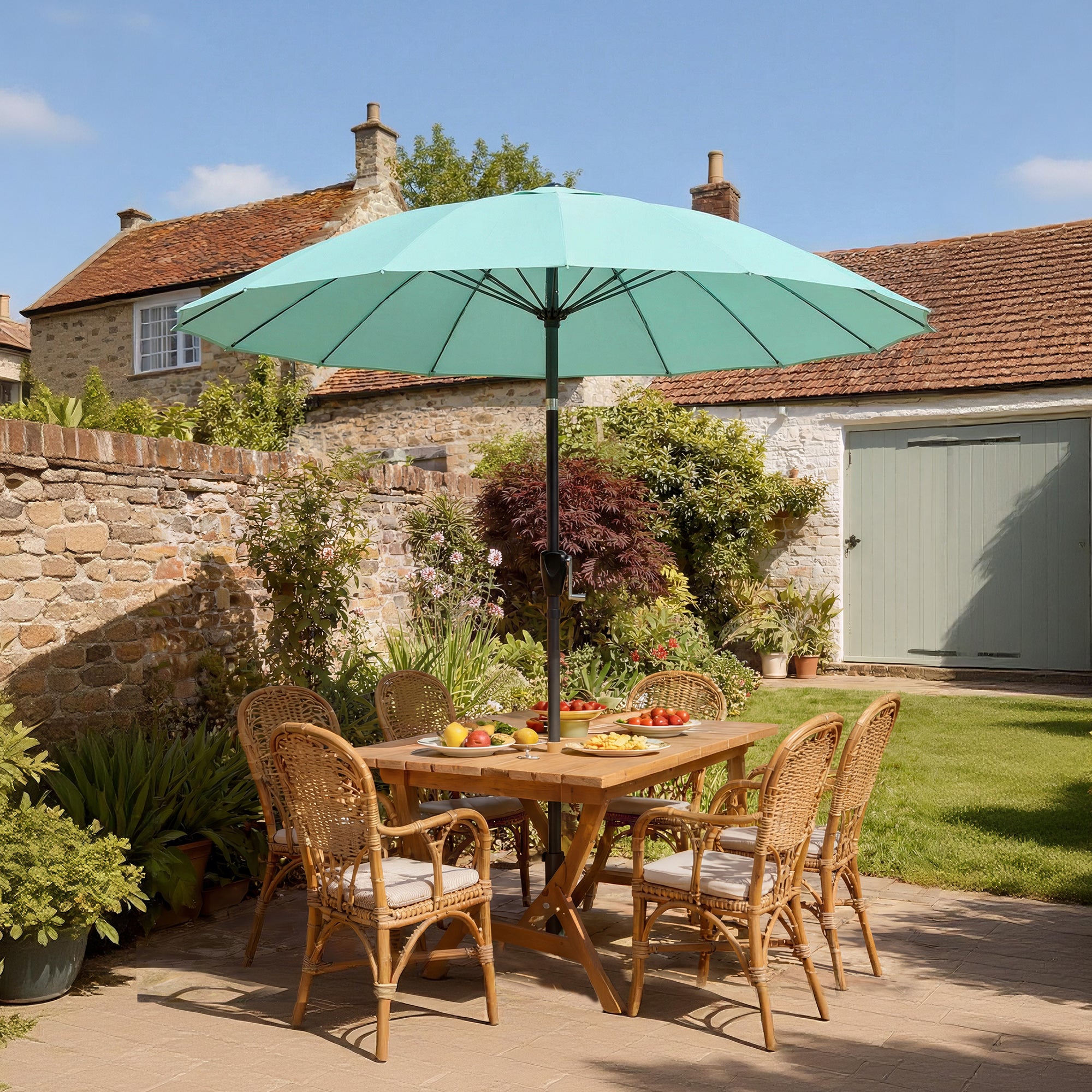 Outsunny 2 m Shanghai Garden Parasol Umbrella with 16 Fibreglass Ribs, Outdoor Parasol Sun Shade with Crank & Tilt, Turquoise 