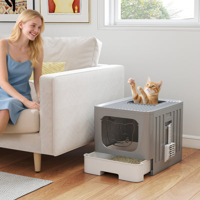 PawHut Cat Litter Box with Lid, Slide-Out Drawer, Scoop, Easy Clean, Odour Control, Anti-Splashing, Grey 