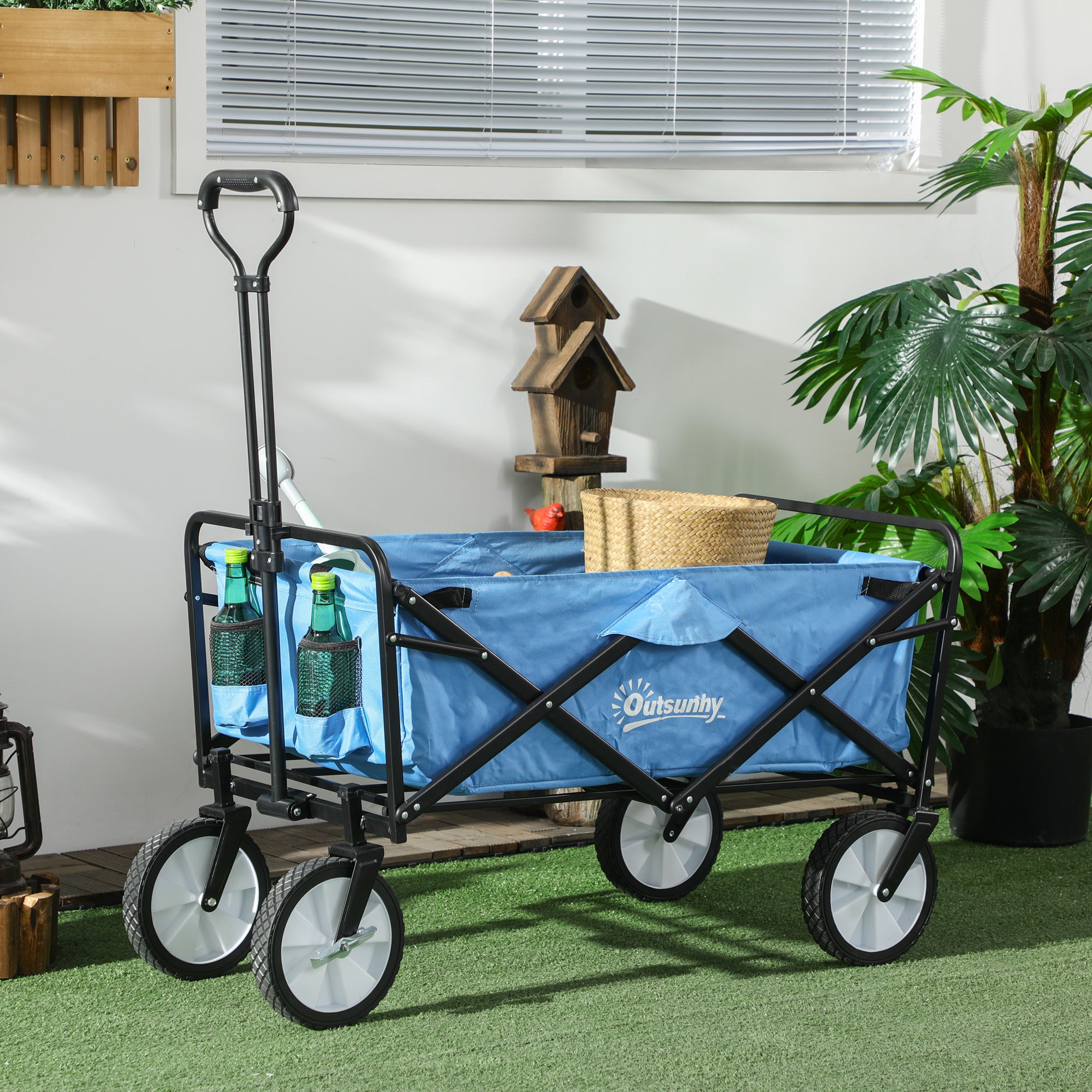 Outsunny 90L Folding Garden Trolley Cart Pull Along Wagon with Telescopic Handle for Beach Camping Festival - Blue 