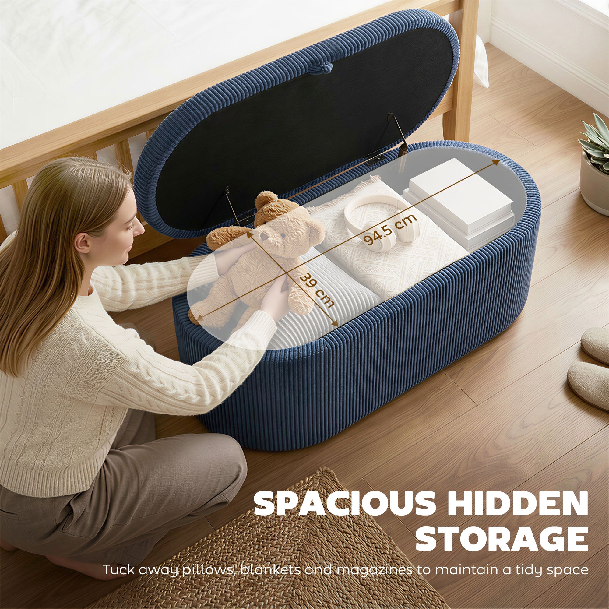 HOMCOM Storage Ottoman, Corduroy Upholstered Ottoman Storage Box with Padded Seat, 105 x 51 x 49 cm, Blue 