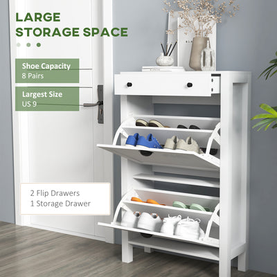 HOMCOM Narrow Shoe Cabinet with 2 Flip Drawers and Adjustable Shelves, White 