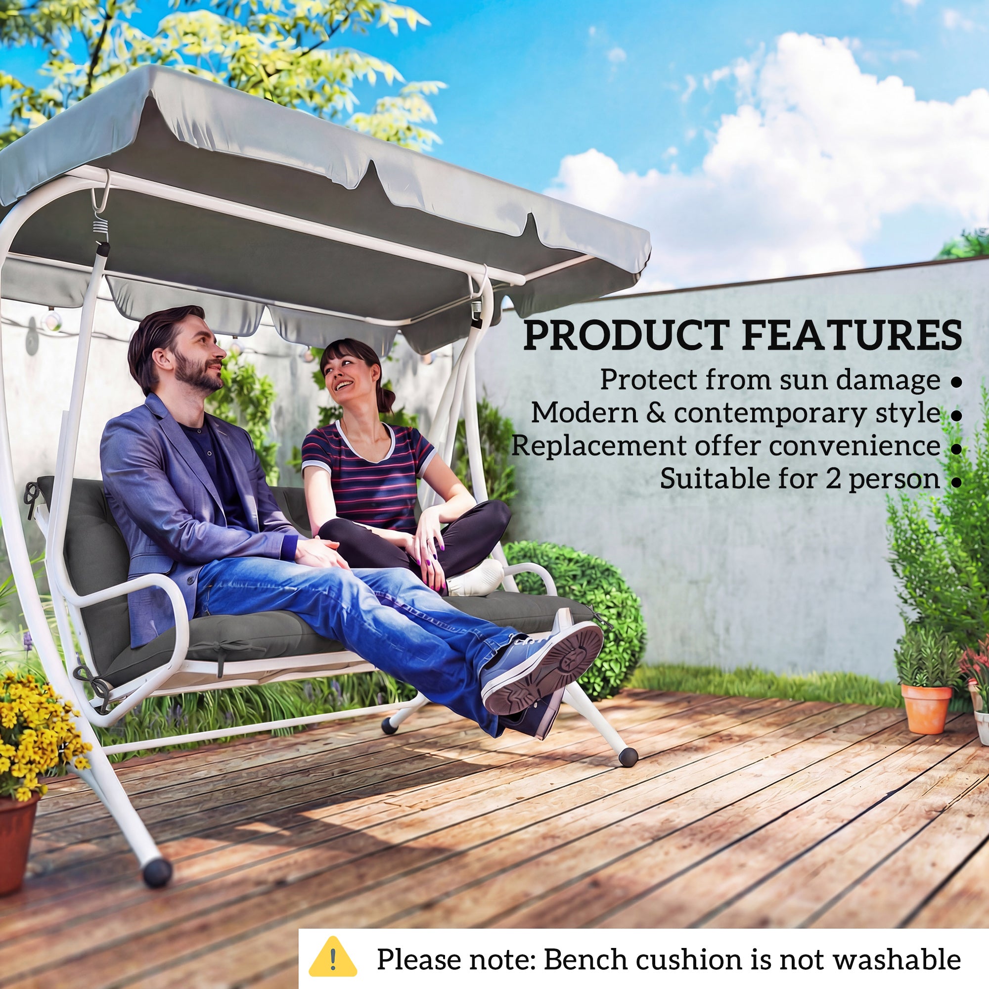 Outsunny Garden Bench Cushion, 2 Seater Swing Chair Cushion, Seat Pad with Ties for Indoor and Outdoor Use, 110 x 120 cm, Black 