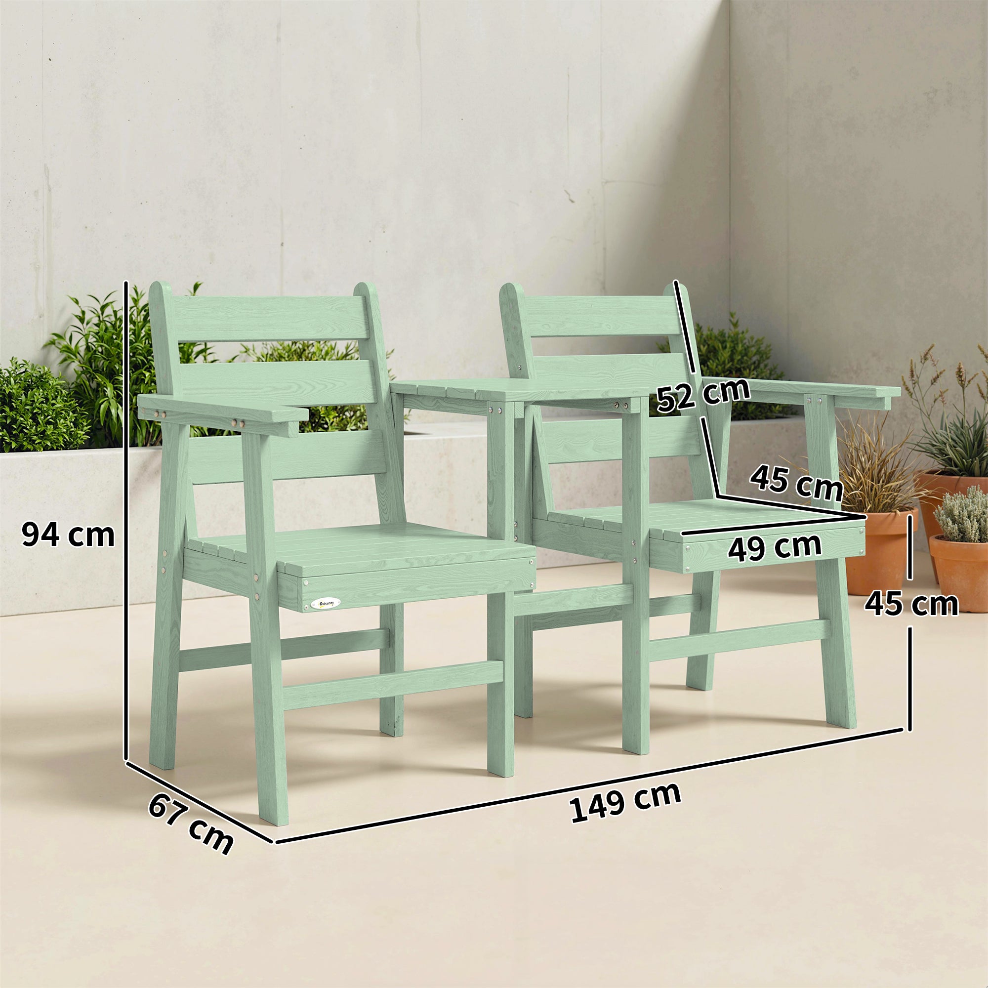 Outsunny Outdoor Garden Loveseat, Embossed Wooden Jack and Jill Garden Seat with Integrated Table, Green 