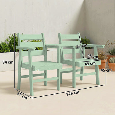 Outsunny Outdoor Garden Loveseat, Embossed Wooden Jack and Jill Garden Seat with Integrated Table, Green 