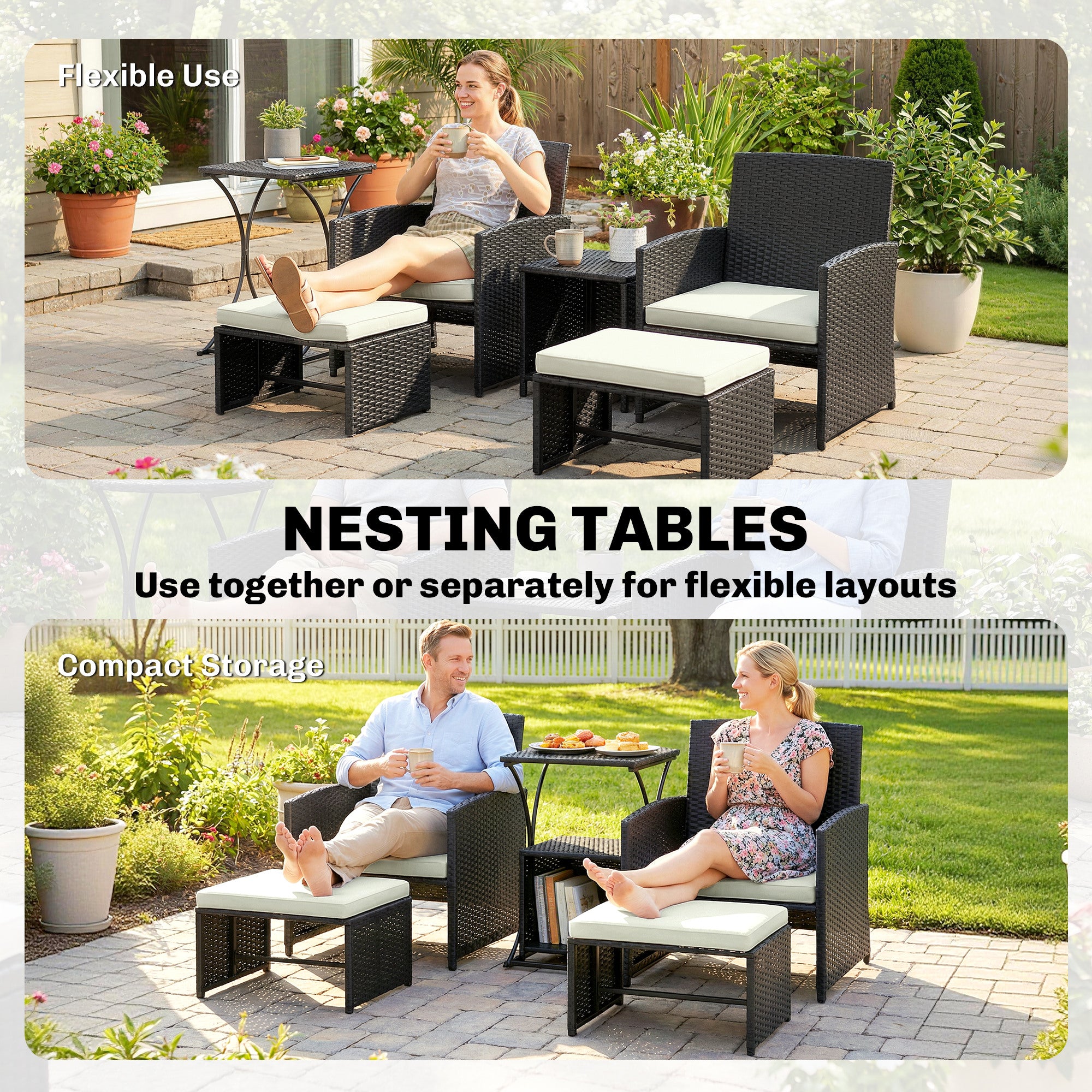 Outsunny 6 Piece Rattan Garden Furniture, Space-Saving Patio Furniture Set with Nesting Tables, Chairs, Stools, Cushions, Black 