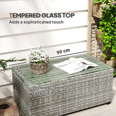 Outsunny 90 x 50cm Glass-Top Rattan Side Table - Light Grey 