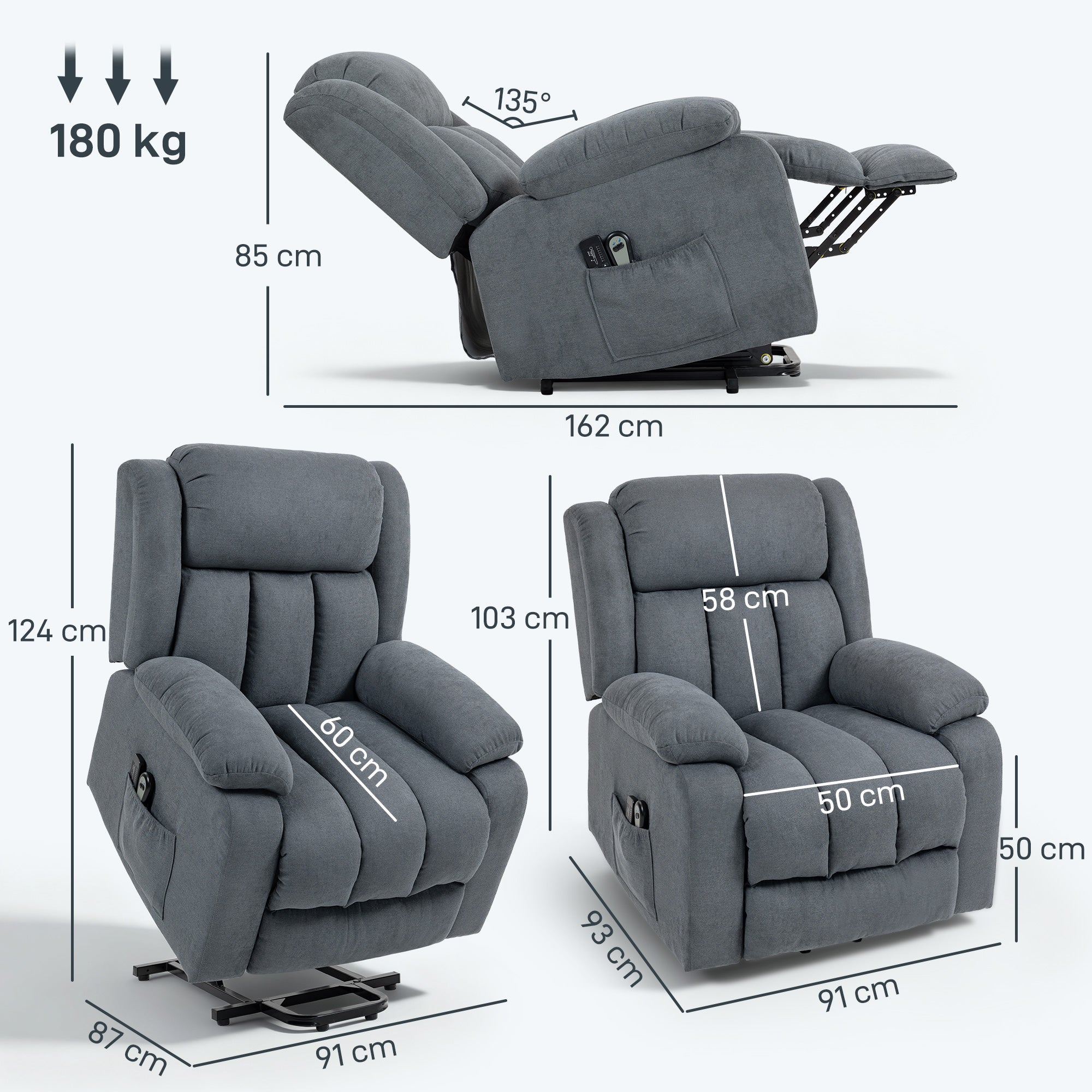 HOMCOM Power Lift Recliner Chair with Massage, Overstuffed Lift Chair for Elderly with Footrest, Remote and Side Pocket, Grey 