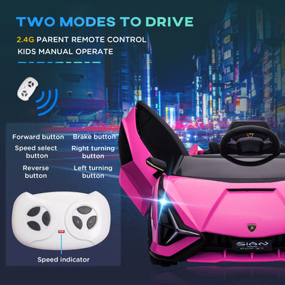 HOMCOM Lamborghini Sian Licensed 12V Kids Electric Ride On Car 2 Motors Toy Car with Remote Control Music Lights MP3 for 3-5 Years Pink 